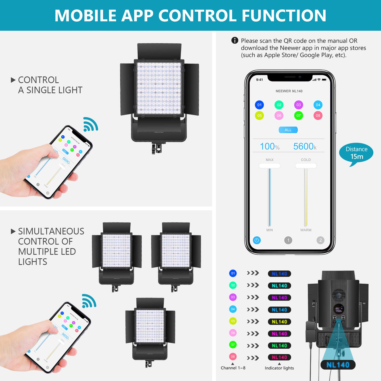 Amazon.com : Neewer NL140 LED Video Light with APP Control, 50W